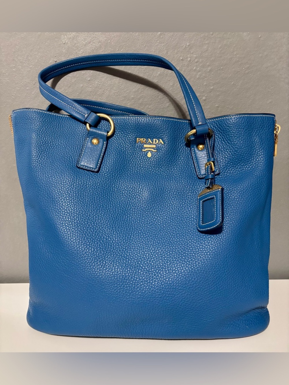 Prada Cobalt Blue Pebbled Leather Tote with Gold Hardware